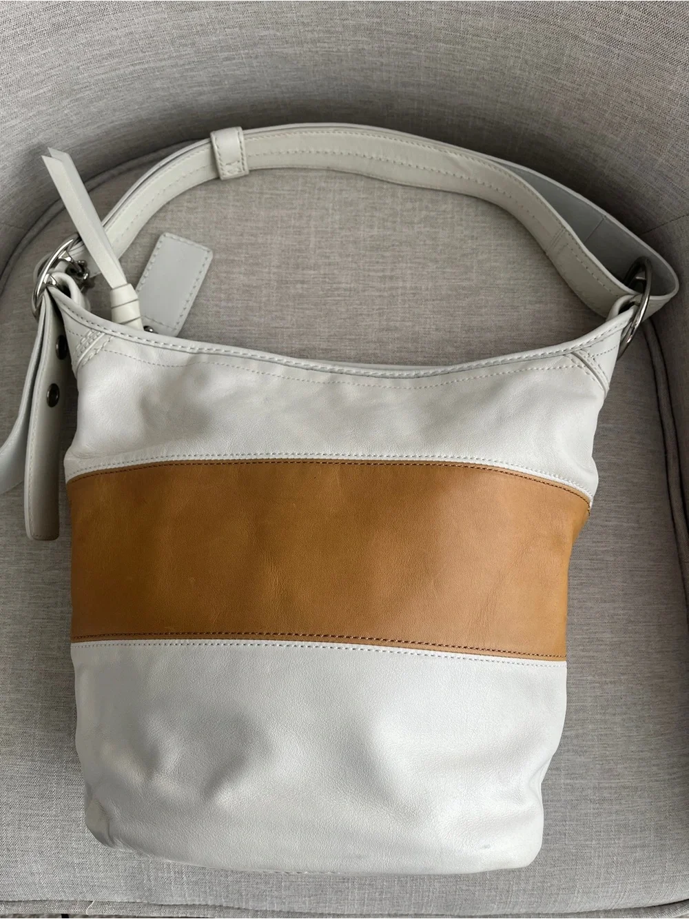 Coach Leather Rugby Duffle Bucket Bag White Camel F13357